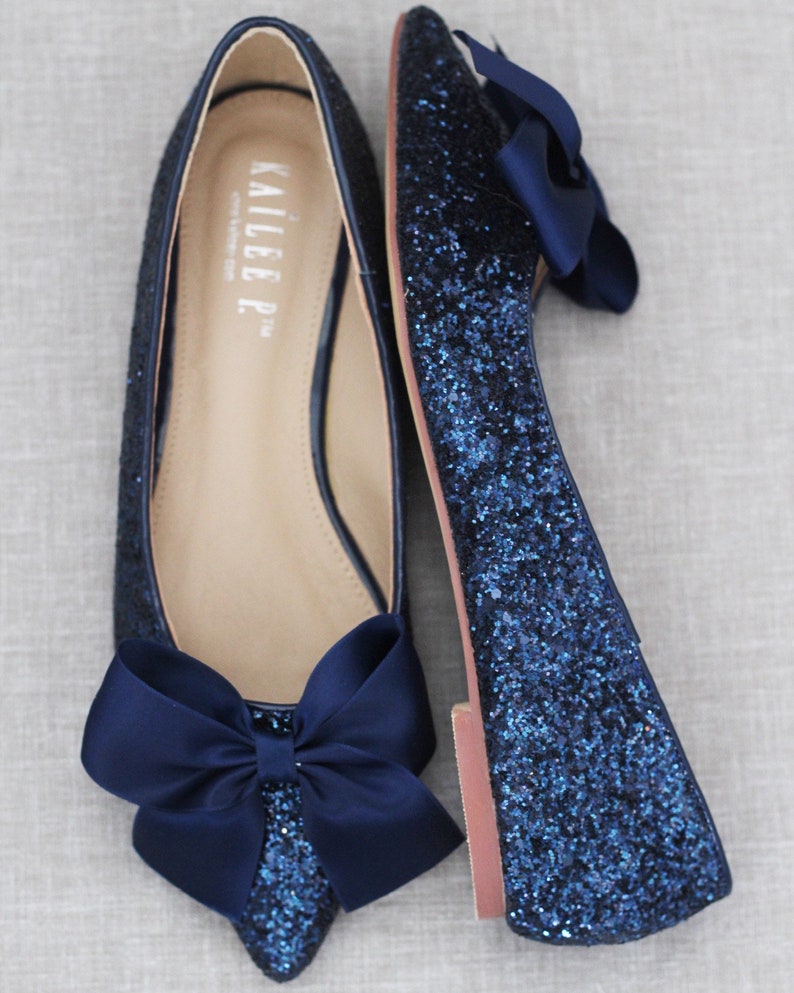 Navy Blue Rock Glitter Pointy Toe Flats With Oversized SATIN Etsy