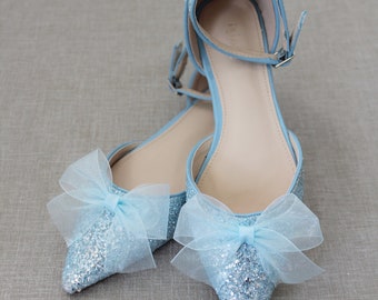 Light Blue Rock Glitter Pointy Toe Flats with Ankle Strap & Organza Bow, Wedding Shoes, Bridesmaids Shoes, Something Blue, Holiday Shoes