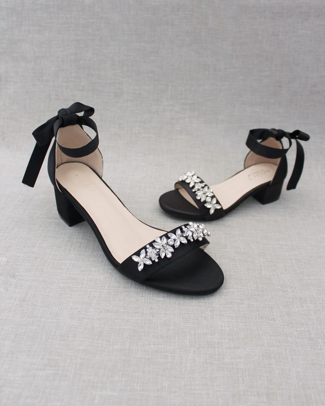 Black Satin Block Heel Sandals with FLORAL RHINESTONES on image 1