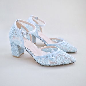 Light Blue Crochet Lace Almond Toe Block Heel With Flower Appliques ...