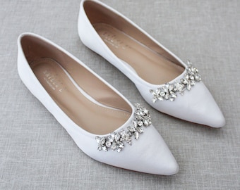 White Satin Pointy Toe flats with sparkly FLORAL RHINESTONES across the toe, Women Wedding Shoes, Bridesmaid Shoes