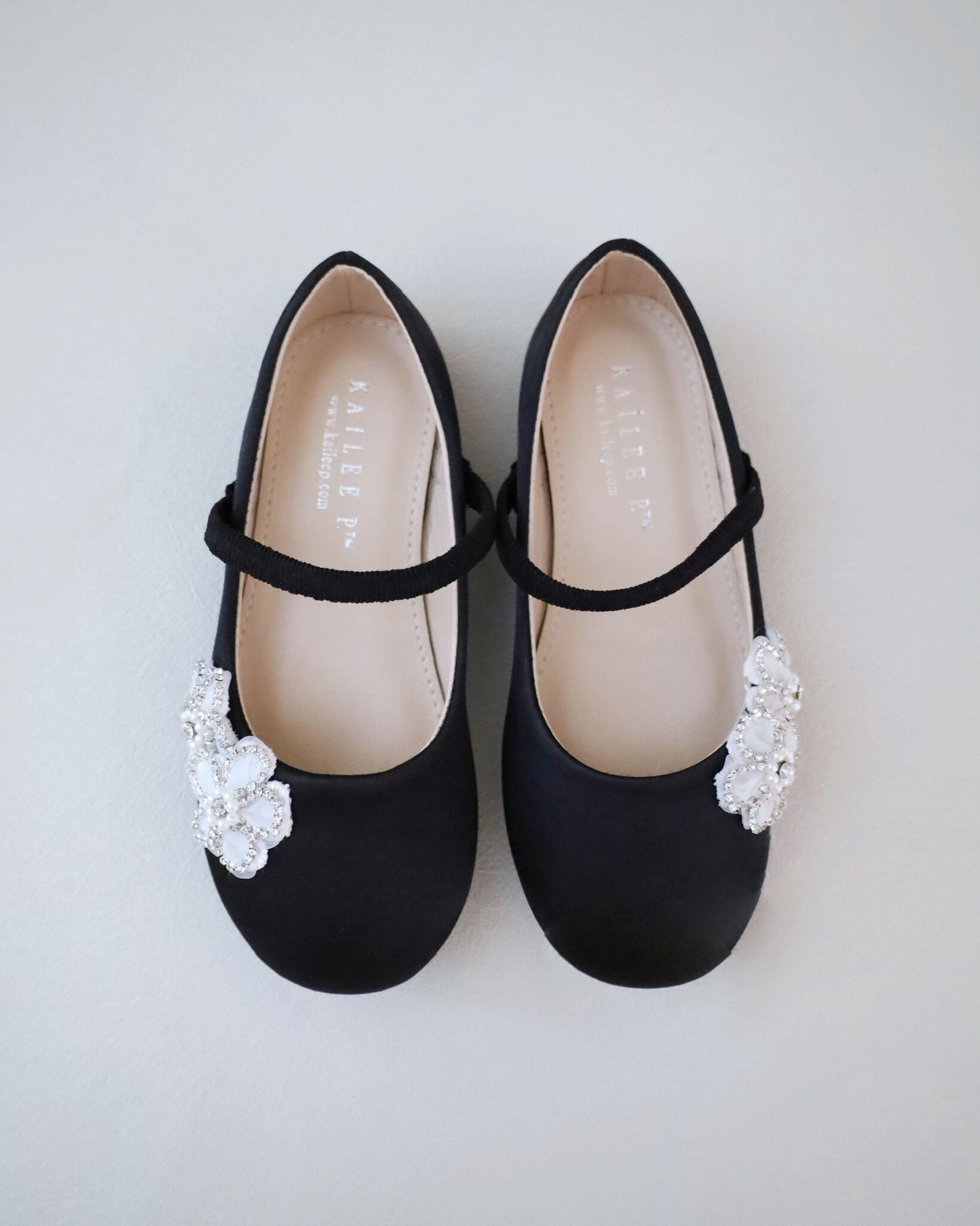 Black Satin Mary Jane Flats with Rhinestones Chassia Flower perfect for Weddings, Flower Girls Shoes, Birthday Shoes, Toddler Flats