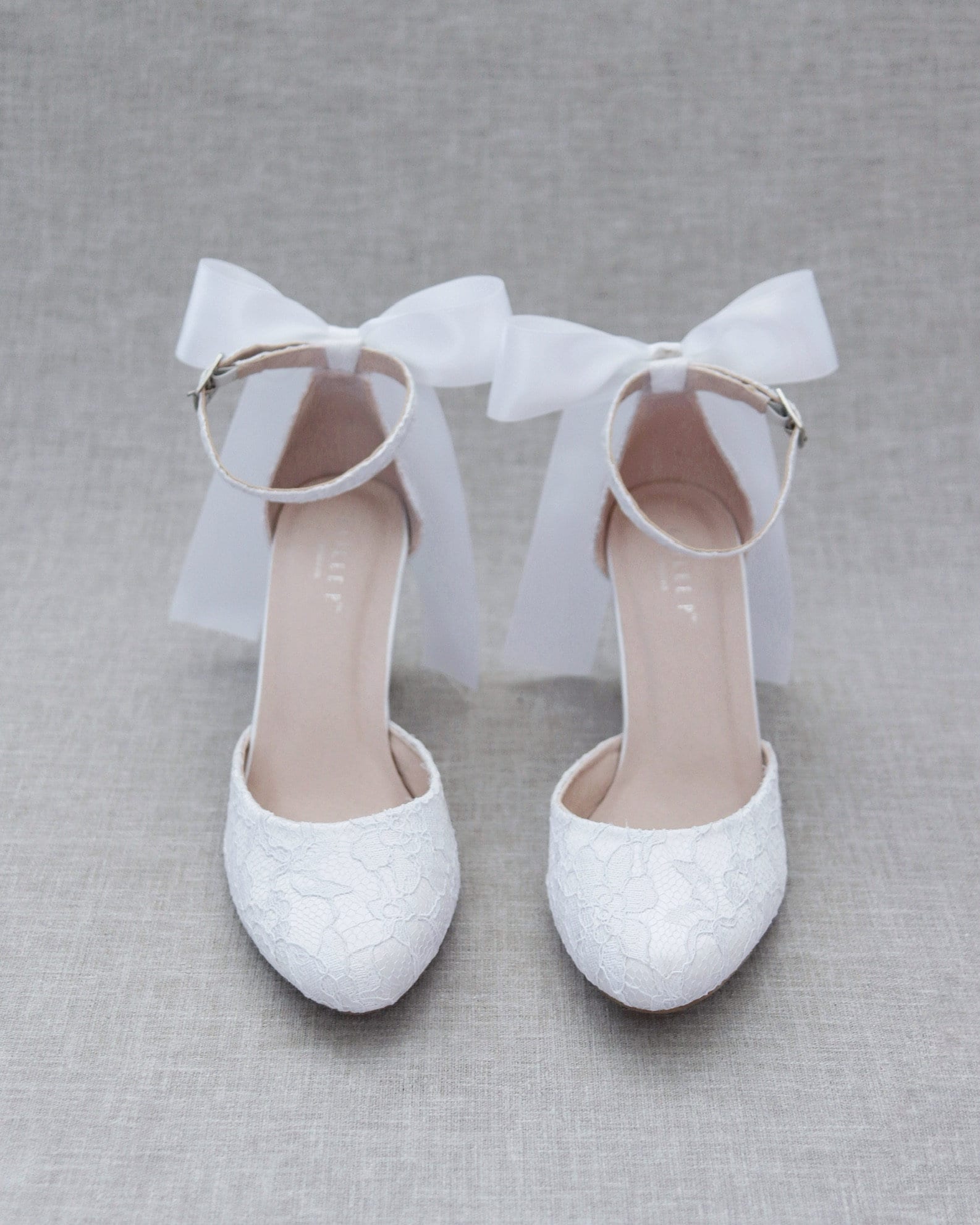 White Lace Block Heel With SATIN BACK BOW Women Wedding | Etsy
