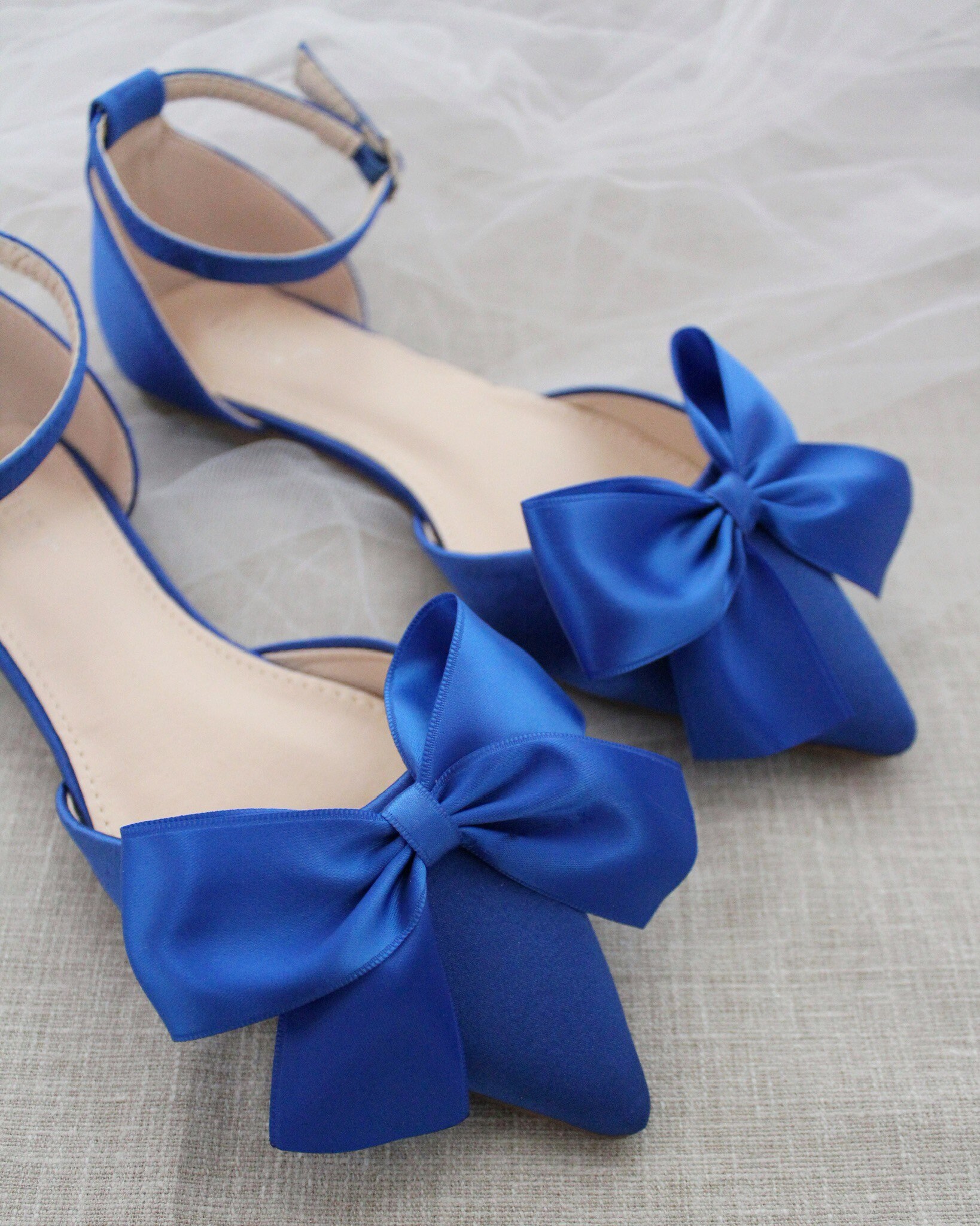 Royal Blue Pointy Toe Flats With FRONT SATIN BOW, Women Wedding Shoes ...
