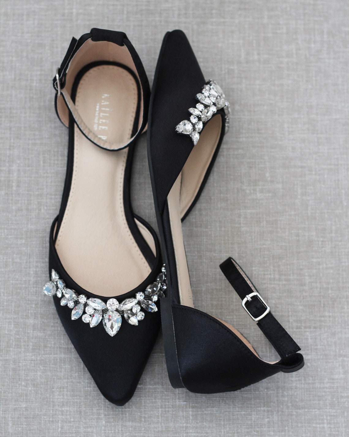 Black Pointy Toe Flats with Sparkly TEARDROP RHINESTONES ANKLE STRAP