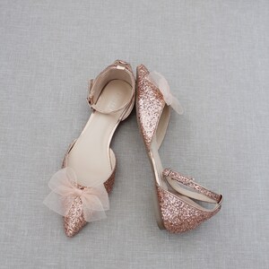 Rose Gold Rock Glitter Pointy Toe Flats With Ankle Strap & Organza Bow ...