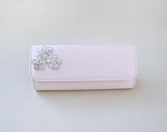 Satin Bridal Clutch with Rhinestones Chassia Flowers, Bridal Clutch, Bridesmaids Clutch, Wedding Accessories, Wedding Gift, Evening Clutch