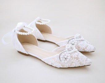White Crochet Lace Pointy toe flats with Small Pearls Applique , Women Wedding Shoes, Bridesmaid Shoes