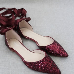 Burgundy Rock Glitter Pointy Toe Flats With Satin ANKLE TIE or ...