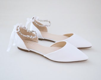 White Satin Pointy Toe Flats with Amaryllis Crystal Strap | Women Wedding Shoes, Bridal Shoes, Bridal Flats, White Shoes