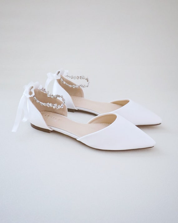 White Satin Pointy Toe Flats with Amaryllis Crystal Strap | Women Wedding Shoes, Bridal Shoes, Bridal Flats, White Shoes