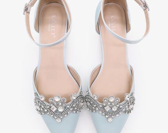 Light Blue Satin Pointy Toe Flats with Sparkly RHINESTONES APPLIQUE , Women Wedding Shoes, Bridal Shoes, Something Blue, Bridesmaids Shoes