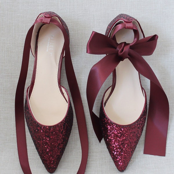 Burgundy Rock Glitter Pointy Toe Flats with satin ANKLE TIE or BALLERINA Lace Up, Fall Wedding Shoes, Bridesmaid Shoes, Holiday Shoes