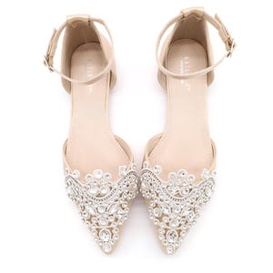 Champagne Satin Pointy Toe Flats with Sparkly OVERSIZED RHINESTONE APPLIQUE, Fall Wedding Shoes, Bridesmaid Shoes, Holiday Shoes