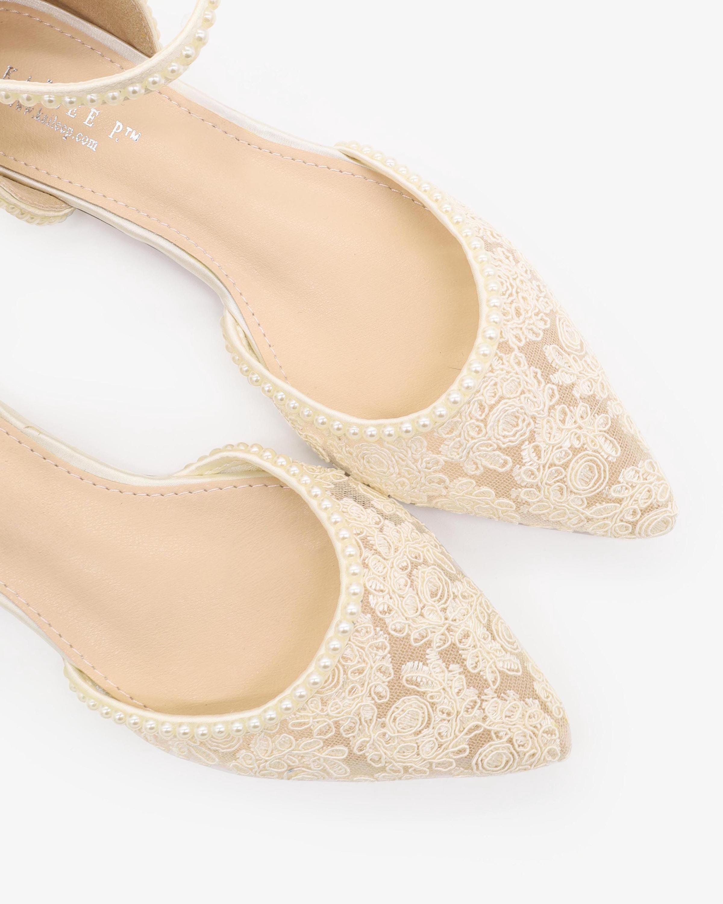 Ivory Crochet Lace Pointy Toe Flats With MINI PEARLS , Women
