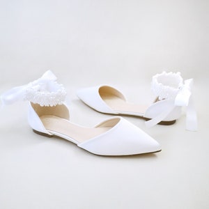 White & Ivory Satin Pointy Toe Wedding Flats with Perla Ankle Strap, Women Wedding Shoes, Bridal Shoes, Bridal Flats, White Shoes image 4