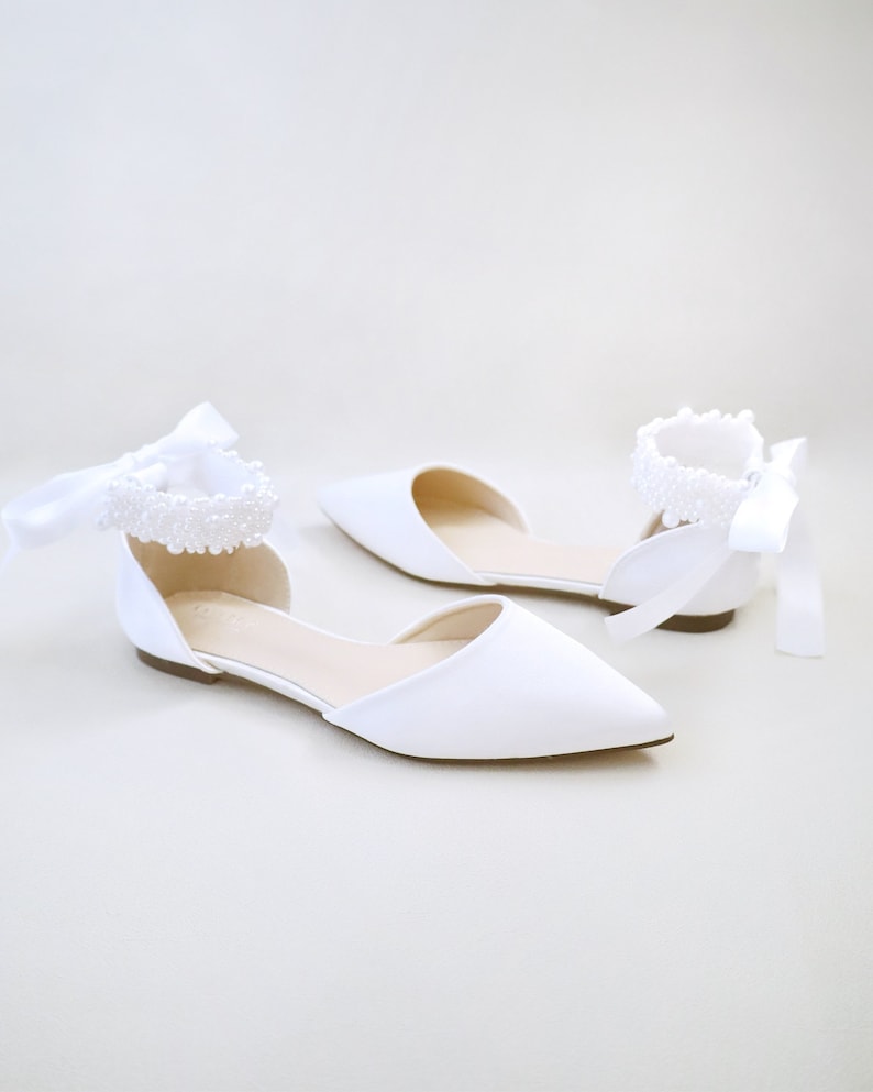 White & Ivory Satin Pointy Toe Wedding Flats with Perla Ankle Strap, Women Wedding Shoes, Bridal Shoes, Bridal Flats, White Shoes image 4