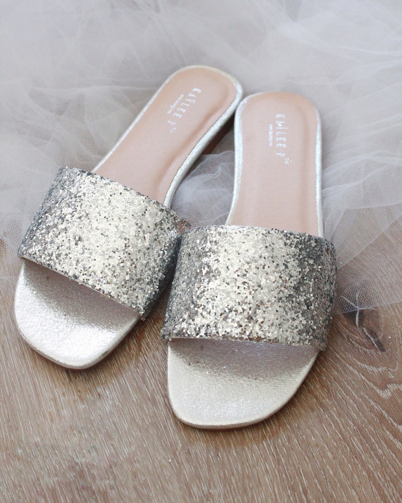SILVER ROCK GLITTER Flat Sandals Women Wedding Flat Sandals Bride Sandals Bridesmaids Sandals