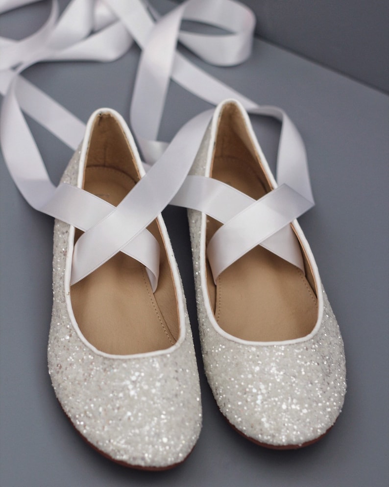 White Rock Glitter Flats with SATIN RIBBON Women White Wedding Shoes Bride Shoes, Bridesmaids Shoes, Party Shoes, Holiday Shoes image 5
