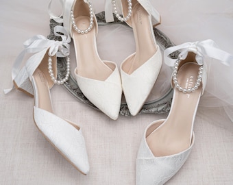 Ivory & White Lace Pointy Toe Low Block Heels Wedding Shoes with All Pearl Ankle Strap, Wedding Shoes, Bridal Low Heel, Pearl Wedding Shoes