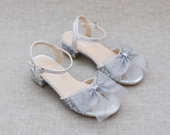 Silver Rock Glitter Block Heel Sandals with Bow, Girls Sandals, Flower Girls Shoes, Jr.Bridesmaid Shoes, Holiday Shoes