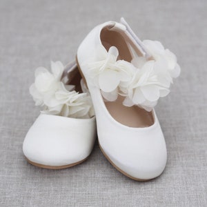 Ivory Satin Flats with chiffon flowers Ankle Strap -  perfect for weddings, flower girls shoes - baptism shoes, communion shoes