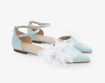 Light Blue Satin Pointy Toe Wedding Flats with Ophelia Flowers, Women Wedding Shoes, Bridal Shoes, Bridal Flats, Something Blue