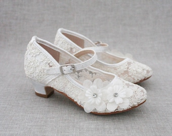 Ivory Lace Mary Jane heels with Flower Applique - Flower Girl shoes, Baptism and Christening Shoes, Girls Lace Heels