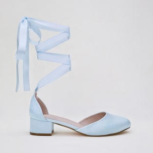 Light Blue Round Toe Satin Block Heel with Ballerina Lace Up, Women Wedding Shoes, Bridal Heels, Wedding Heels, Something Blue image 1