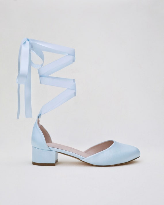 Light Blue Round Toe Satin Block Heel with Ballerina Lace Up, Women Wedding Shoes, Bridal Heels, Wedding Heels, Something Blue