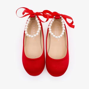 Red Satin Flats with All Pearls Ankle Strap - Flower girls shoes, Satin Shoes, Jr. Bridesmaids Shoes, Holiday Shoes, Fall Girls Shoes