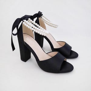 Black Satin Block Heel Evening Sandals with Double Pearl Ankle Strap - Women Evening Shoes, Party Shoes, Bridesmaids Heels