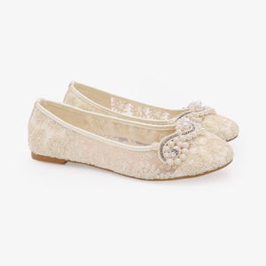 Ivory Crochet Lace Round Toe Flats with SMALL PEARLS APPLIQUE - Women Wedding Shoes, Bridesmaid Shoes, Bridal Shoes, Bridal Lace Shoes image 2