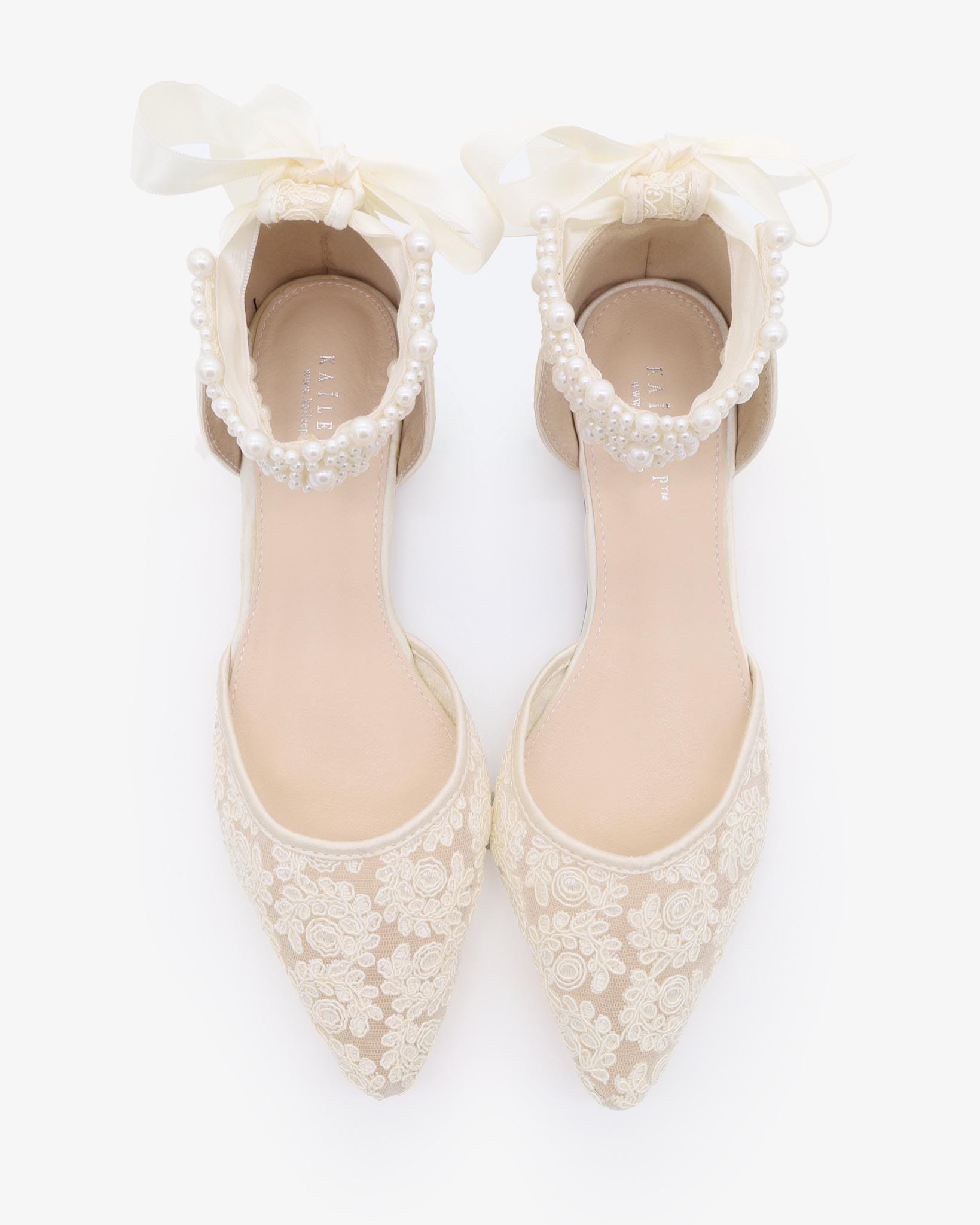 White and Ivory Crochet Lace Pointy Toe Flats With Perla Ankle