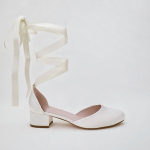 Ivory Round Toe Satin Block Heel with Ballerina Lace Up, Women Wedding Shoes, Bridal Shoes, Bridal Heels, Wedding Heels