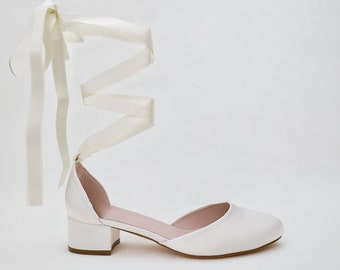 Ivory Round Toe Satin Block Heel with Ballerina Lace Up, Women Wedding Shoes, Bridal Shoes, Bridal Heels, Wedding Heels