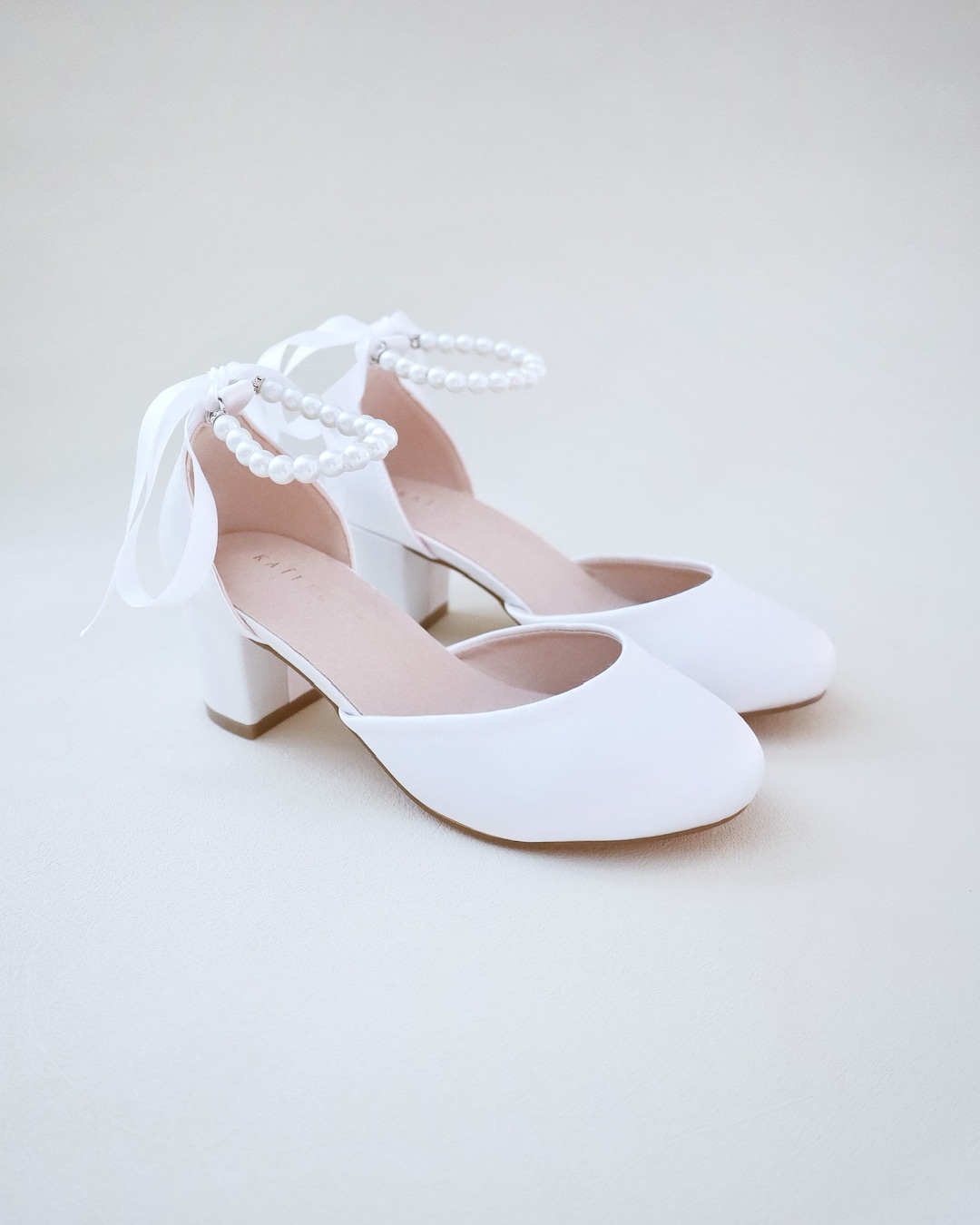 Buy Girls White Satin Block Heel With All Pearls Ankle Strap