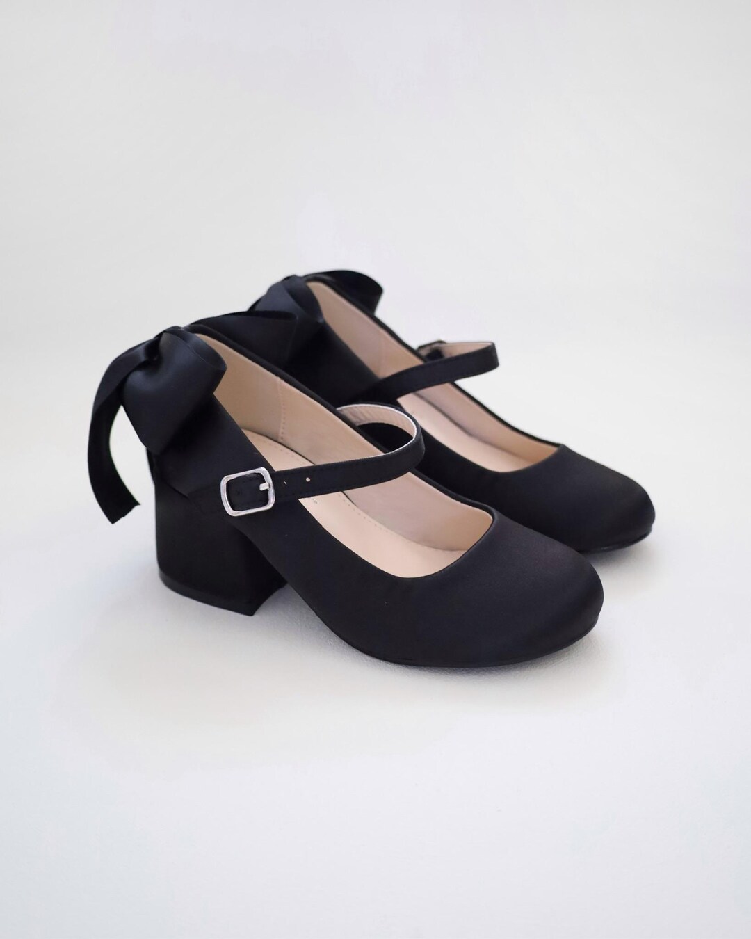 Black Satin Mary Jane Girls Block Heel With Back Satin Bow, Flower ...