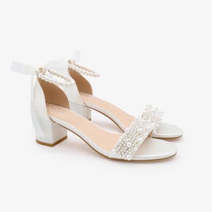 White Satin Block Heel Sandals with Perla Applique and All Pearls Strap, Wedding Shoes, Bridesmaid Shoes, Bridal Sandals