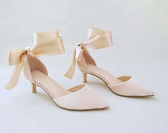 Champagne Satin Pointy Toe Low Heels with Wrapped Ankle Tie, Fall Wedding Shoes, Bridal Shoes, Bridal Low Heels, Kitten Heels