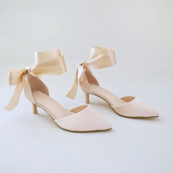 Champagne Satin Pointy Toe Low Heels with Wrapped Ankle Tie, Fall Wedding Shoes, Bridal Shoes, Bridal Low Heels, Kitten Heels
