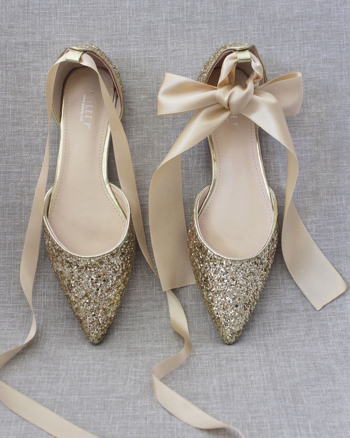 Gold Rock Glitter Pointy Toe Flats with satin ANKLE TIE or image 1