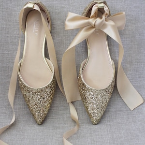 Gold Rock Glitter Pointy Toe Flats with satin ANKLE TIE or BALLERINA Lace Up, Wedding Shoes, Bride Shoes, Bridesmaids Shoes, Holiday Shoes