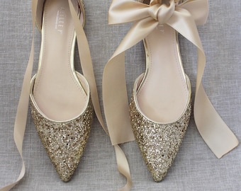 Gold Rock Glitter Pointy Toe Flats con satin ANKLE TIE o BALLERINA Lace Up, zapatos de boda, zapatos de novia, zapatos de damas de honor, zapatos de vacaciones