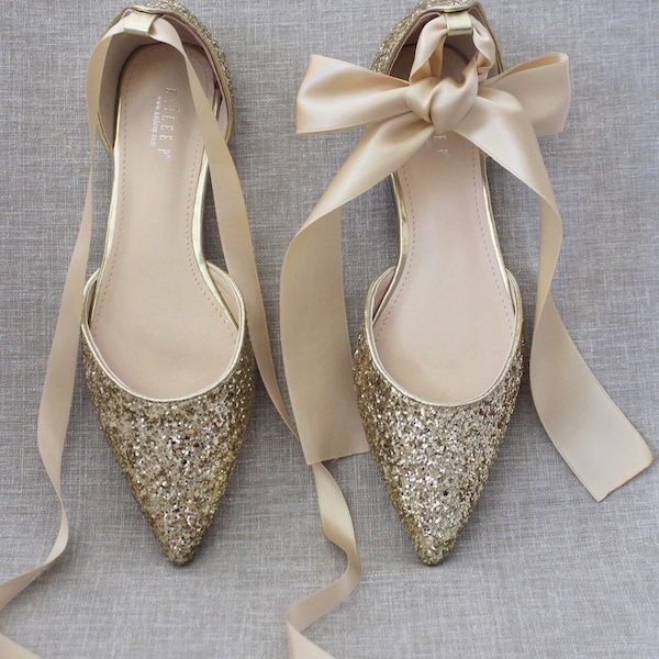 Gold Rock Glitter Pointy Toe Flats with satin ANKLE TIE or BALLERINA Lace Up, Wedding Shoes, Bride Shoes, Bridesmaids Shoes, Holiday Shoes