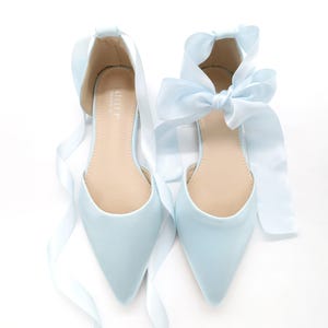 Light Blue Satin Pointy Toe flats with Satin ANKLE TIE Or BALLERINA Lace Up, Wedding Shoes, Something Blue, Blue Bridesmaids Shoes