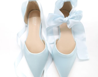 Light Blue Satin Pointy Toe flats with Satin ANKLE TIE Or BALLERINA Lace Up, Wedding Shoes, Something Blue, Blue Bridesmaids Shoes
