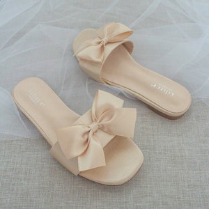 Champagne Satin Slip on Sandals With Satin Bow Bridal - Etsy