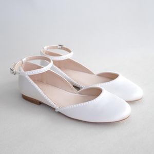 White Satin Flats with Mini Pearls, Wedding Shoes, Bridal Flats, Bridesmaids Shoes, Ivory Wedding Flats