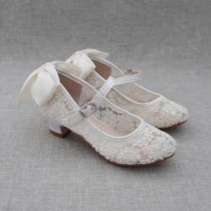 Ivory Lace Mary Jane heels with Satin Back Bow - Flower Girl shoes, Baptism and Christening Shoes, Girls Lace Heels